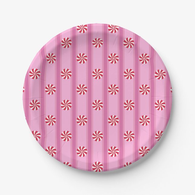 Fun and Fancy Pink Christmas Peppermint Candy Paper Plate (Front)