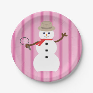 Fun and Fancy Pink Snowman Detective Paper Plate