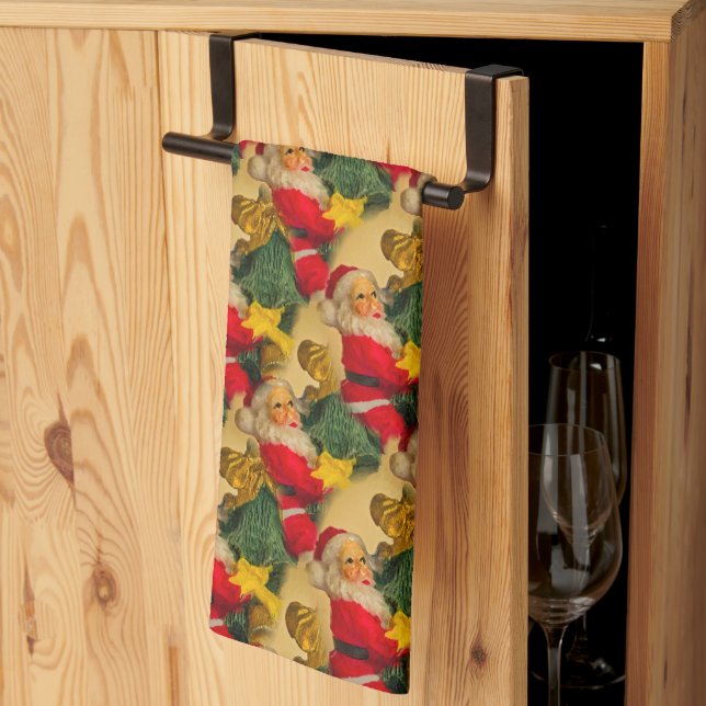 Fun and Festive Santa on Christmas Tree Pattern Tea Towel (Thirds Fold)
