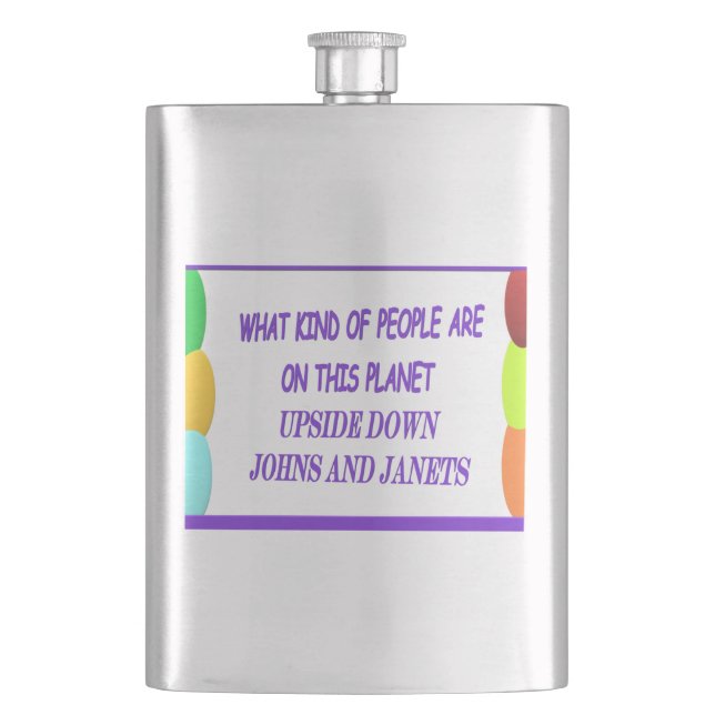 Fun and laughs message purple print and baloons hip flask (Front)