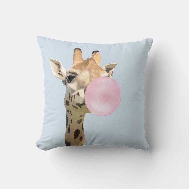 Fun Animal Design Pink Bubblegum Blowing Giraffe  Cushion (Front)