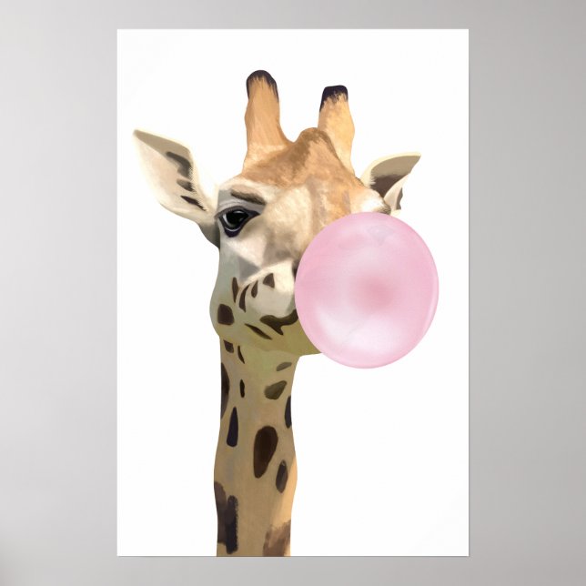 Fun Animal Design Pink Bubblegum Blowing Giraffe  Poster (Front)