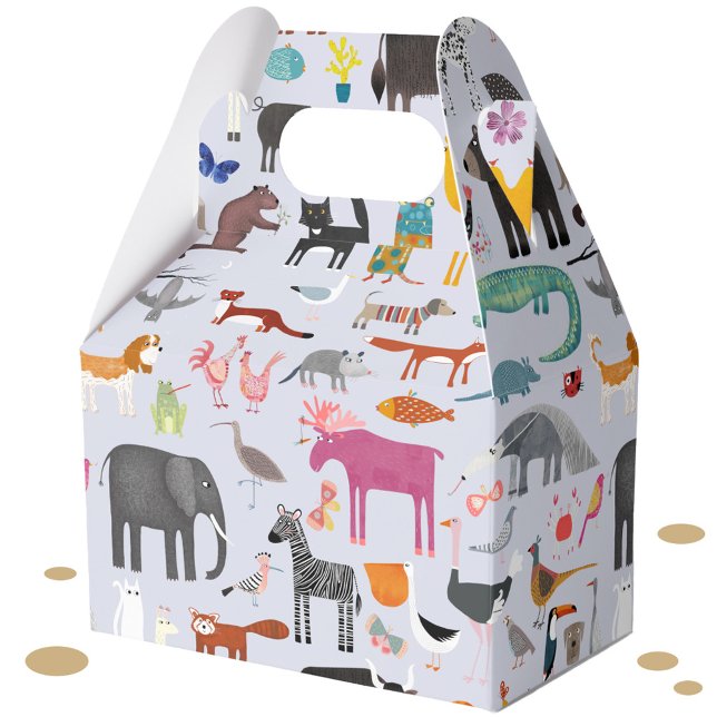 Fun Animal Menagerie Favour Box (Jungle, safari, zoo, wild and pet animals and bird design party favor box)