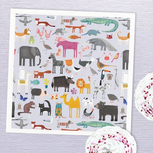 Fun Animal Menagerie Napkin (Jungle safari zoo wild and pet animal themed paper napkins)