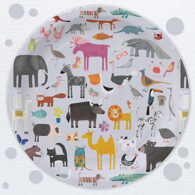 Fun Animal Menagerie Paper Plate (Jungle safari zoo wild and pet animal themed party paper plates)