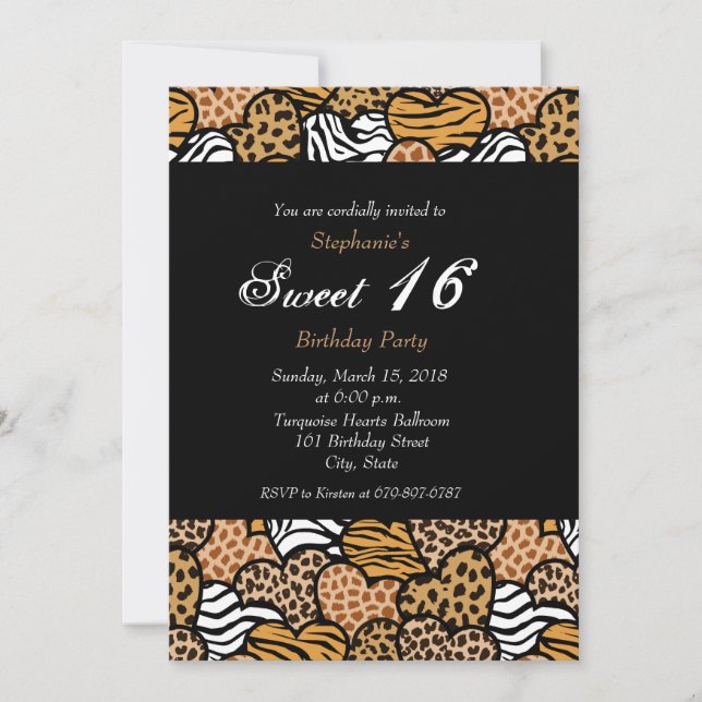 Fun animal pattern hearts Sweet 16 Invitation (Front)