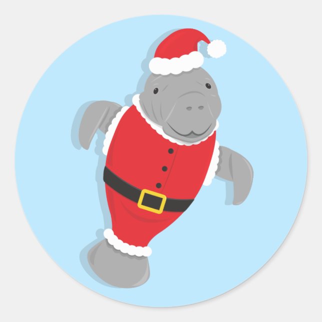 Fun Animal Santa Manatee Christmas Classic Round Sticker (Front)