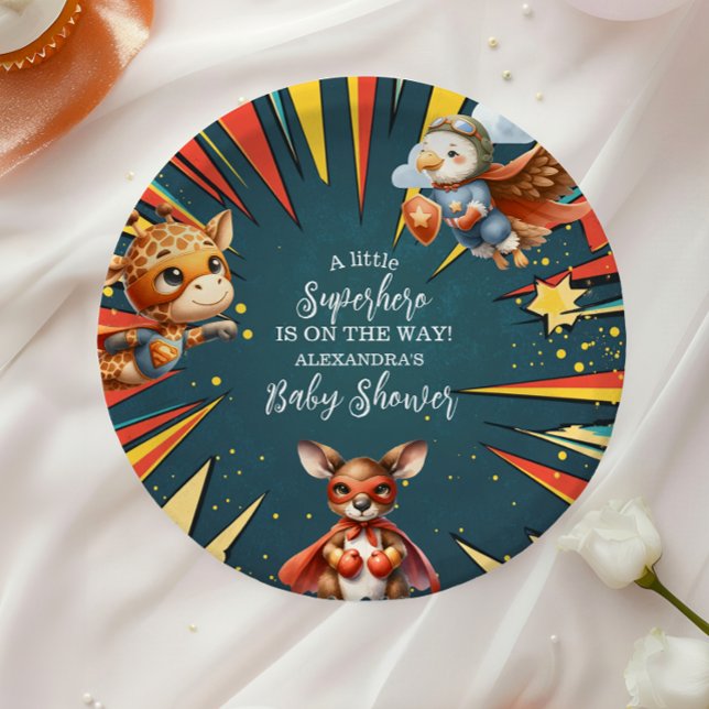 Fun Animals Superhero Baby Shower Paper Plate (Creator Uploaded)