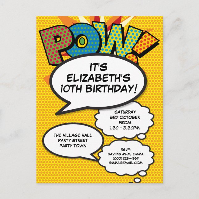 Fun Any Age Birthday Party Modern Comic Invitation Postcard (Front)