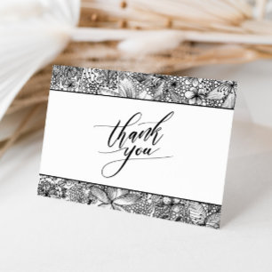 Fun Artsy Black White Hand Drawn Floral Thank You Card