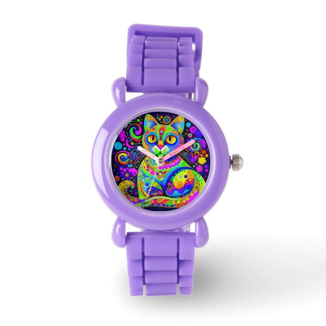 Fun Artsy Bright Coloured Haight-Ashbury Style Cat Watch (Front)