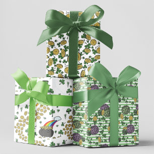 Fun Artsy Irish Shamrock Rainbow Leprechaun Green Wrapping Paper Sheet