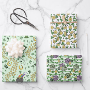 Fun Artsy Irish Shamrock Rainbow Leprechaun Green Wrapping Paper Sheet