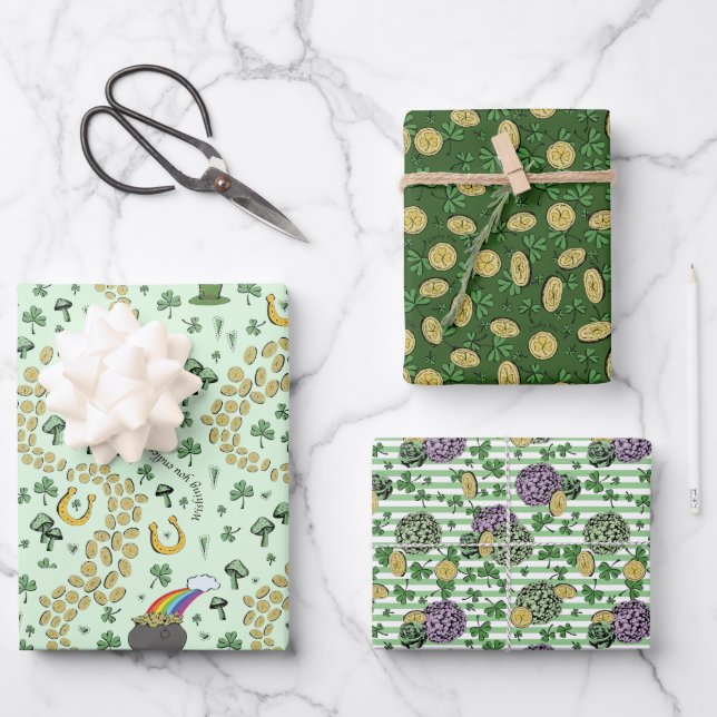 Fun Artsy Irish Shamrock Rainbow Leprechaun Green Wrapping Paper Sheet (Front)