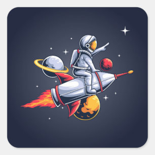 Fun Astronaut Flying Through Space Illustration Square Sticker