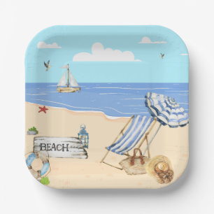 Fun At the Beach Blue Aqua Watercolor Scene Paper Plate