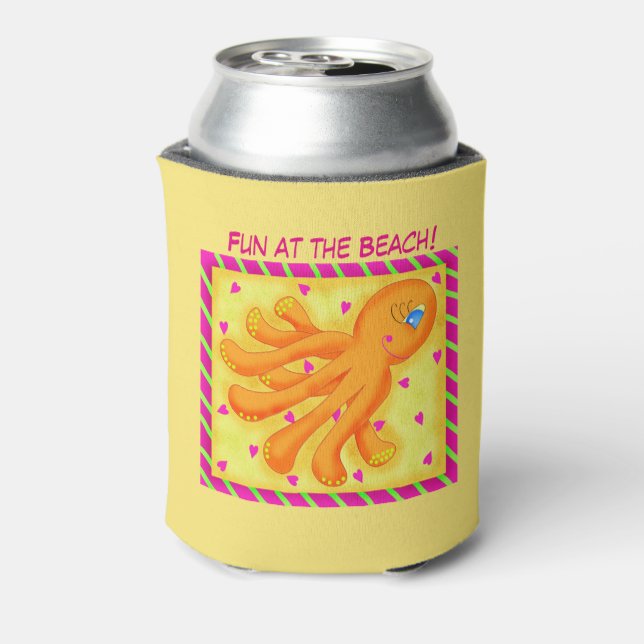 Fun at the Beach Whimsy Octopus Yellow Orange Can Cooler (Can Back)