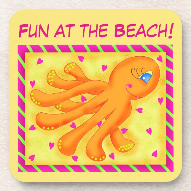 Fun at the Beach Whimsy Octopus Yellow Orange Coaster (Front)