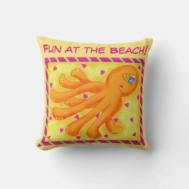 Fun at the Beach Whimsy Octopus Yellow Orange Cushion (Front)
