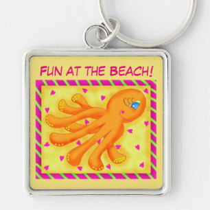 Fun at the Beach Whimsy Octopus Yellow Orange Key Ring