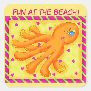 Fun at the Beach Whimsy Octopus Yellow Orange Square Sticker