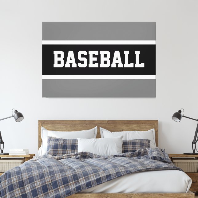 Fun Athletic Black White Grey BASEBALL Stripes Canvas Print (Insitu(Bedroom))