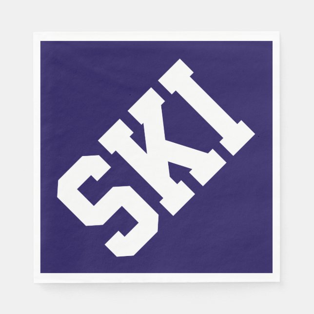Fun Athletic Diagonal SKI White Text On Navy Blue Napkin (Front)