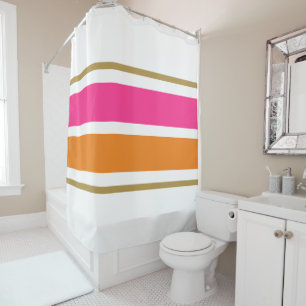 Fun Athletic Pink Orange Racing Stripes On White Shower Curtain