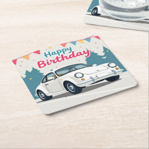 Fun Auto-Themed Happy Birthday Square Paper Coaster