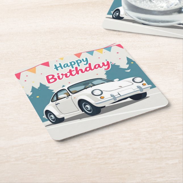 Fun Auto-Themed Happy Birthday Square Paper Coaster (Angled)