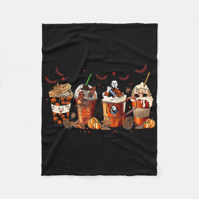 Fun Autumn Fall Horror Latte Coffee Cups Ghost Hal Fleece Blanket (Front)