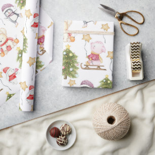 Fun Baby Animals Stars Trees Christmas Wrapping Paper