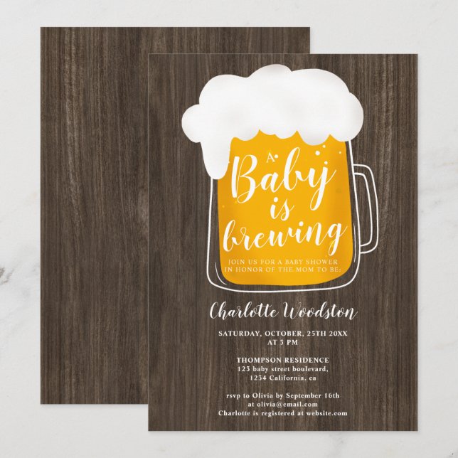 Fun baby brewing beer pint brown wood baby shower invitation (Front/Back)