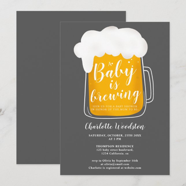 Fun baby brewing beer pint dark grey baby shower invitation (Front/Back)