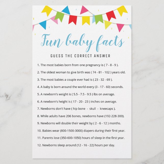 Fun Baby Facts Game with Answers Baby Shower party (Front)