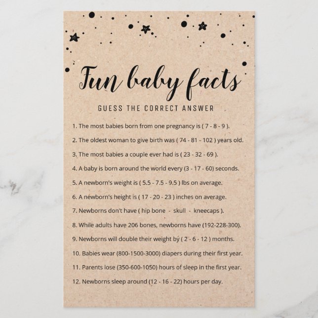 Fun Baby Facts Game with Answers Baby Shower party (Front)