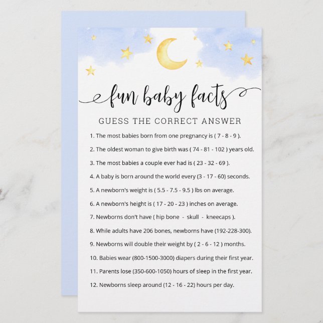 Fun Baby Facts Game with Answers Baby Shower party (Front/Back)