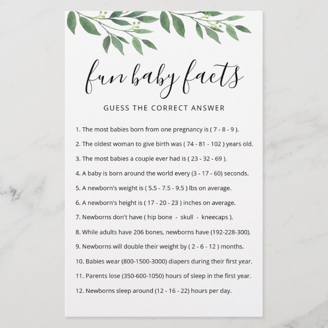 Fun Baby Facts Game with Answers Baby Shower party (Front)