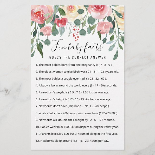 Fun Baby Facts Game with Answers Baby Shower party (Front)