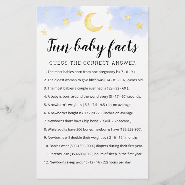 Fun Baby Facts Game with Answers Baby Shower party (Front)