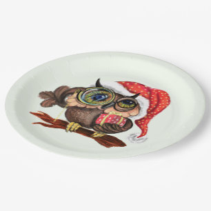 Fun Baby Owl In Christmas Hat and Gift For You Paper Plate