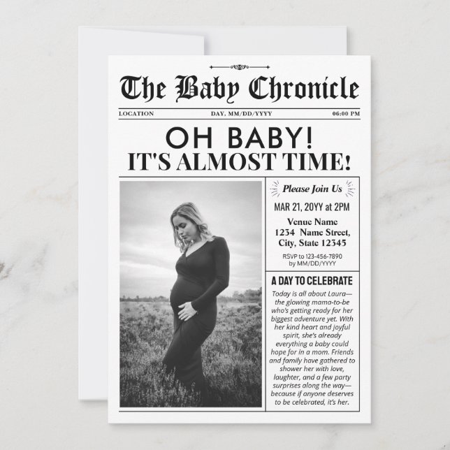 Fun Baby Shower Invitation | Newspaper Baby Invite (Front)