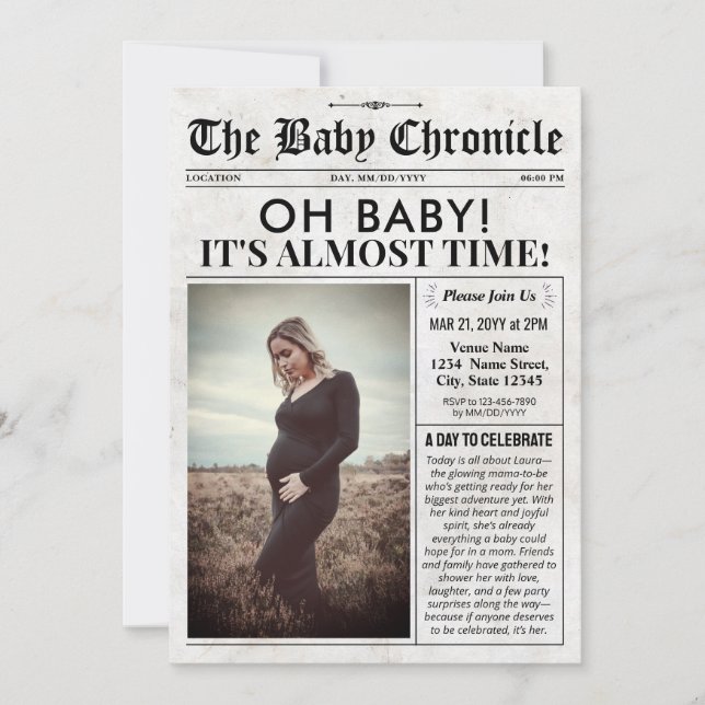 Fun Baby Shower Invitation | Newspaper Baby Invite (Front)