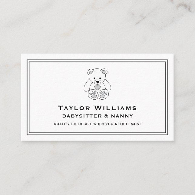 Fun Babysitter Babysitting Nanny Teddy Black White Business Card (Front)