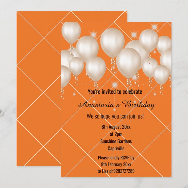 FUN BALLOON BRIGHT ORANGE BIRTHDAY GRID INVITATION (Front/Back)