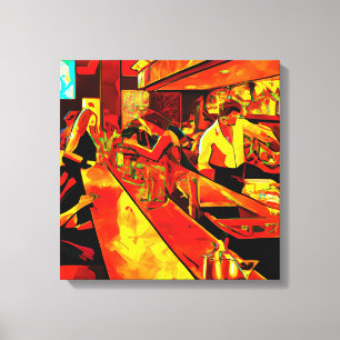 Fun Bar Scene   Bartender and Customers Canvas Print