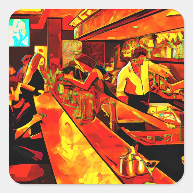 Fun Bar Scene | Bartender and Customers Square Sticker (Front)