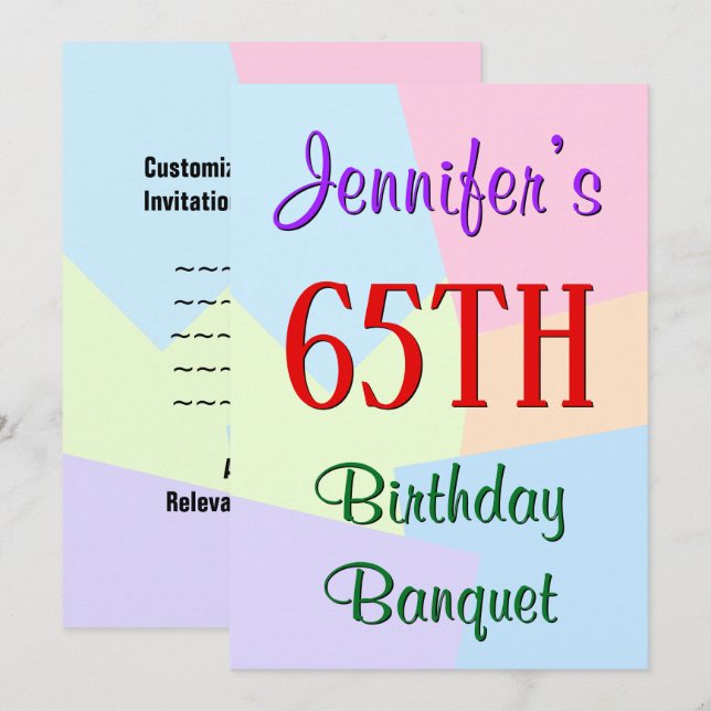 Fun, Basic "65th Birthday Banquet" Invitation (Front/Back)