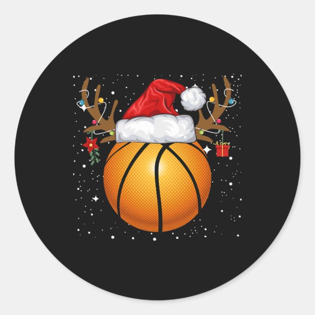 Fun Basketball Reindeer Santa Hat Christmas Holida Classic Round Sticker (Front)