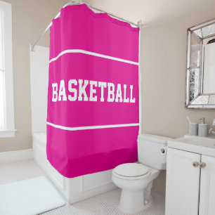 Fun BASKETBALL White Text Stripes On Bright Pink Shower Curtain